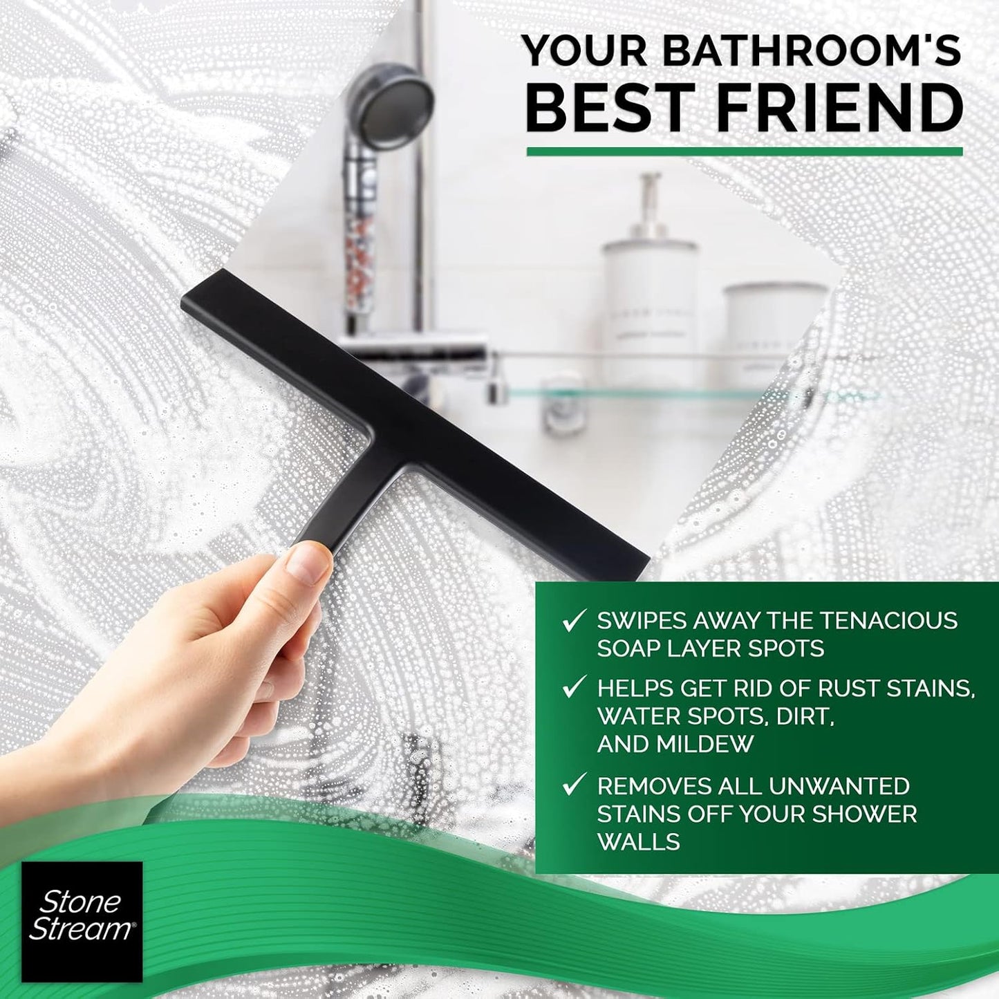 Original StoneStream Stainless Steel Shower Squeegee - Premium Quality Bathroom Squeegee with Non-Slip Handle and 2 Holders for Quick and Easy Cleaning of Glass, Tile, and Mirrors - Matte Black
