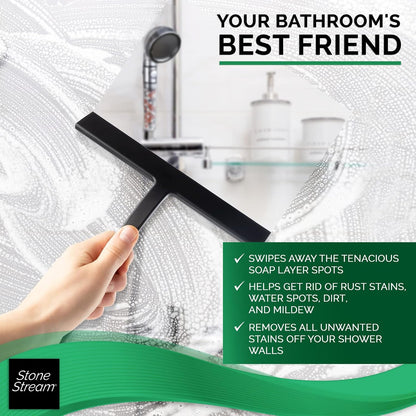 Original StoneStream Stainless Steel Shower Squeegee - Premium Quality Bathroom Squeegee with Non-Slip Handle and 2 Holders for Quick and Easy Cleaning of Glass, Tile, and Mirrors - Matte Black