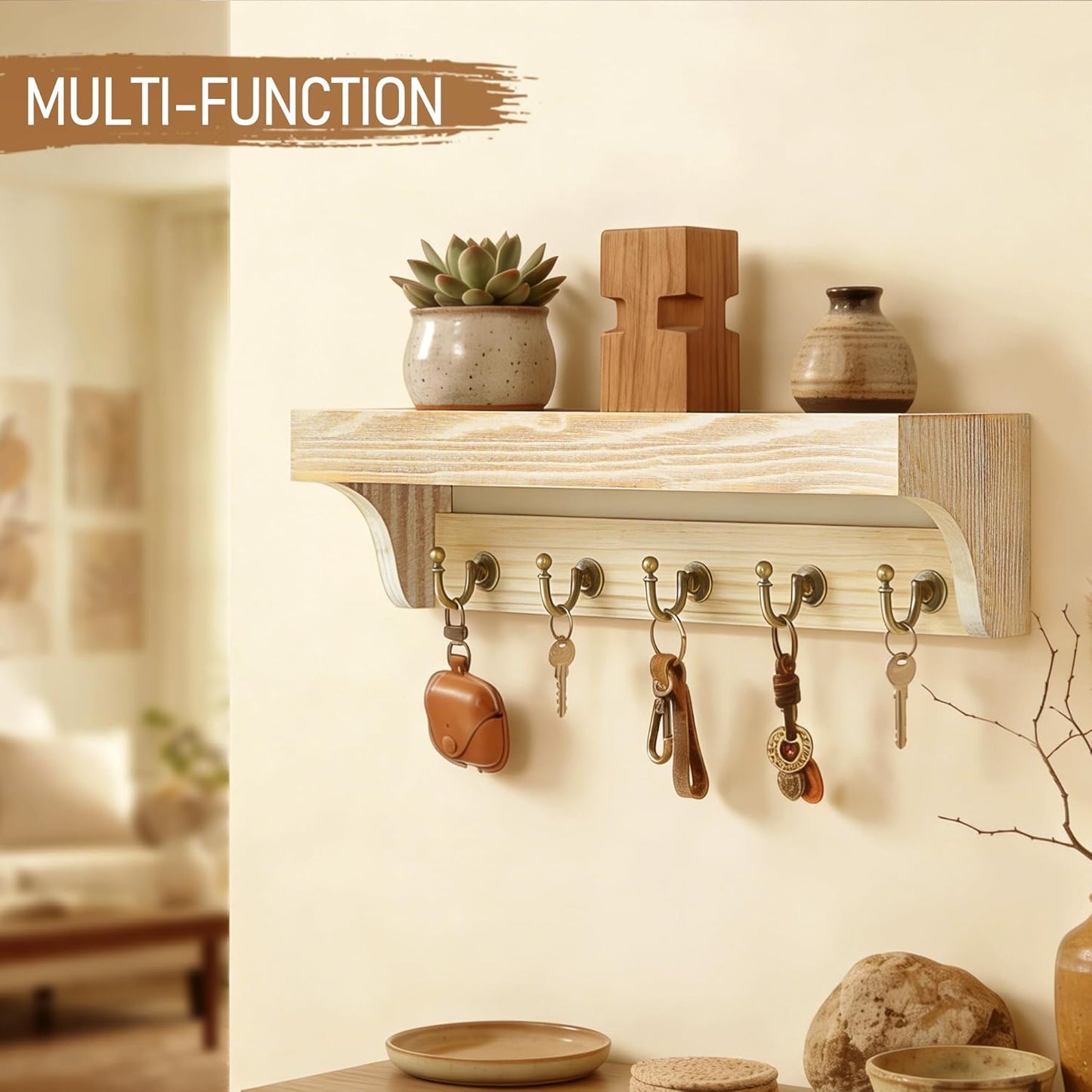 Rebee Vision Key Holder Wall Mount with 5 Hooks for Entryway, Retro Brown | Display Shelf for Plant & Letters, Key Shelf for Hats, Dog Leashes, Mail Organizer, Decorative Entryway & Living Room