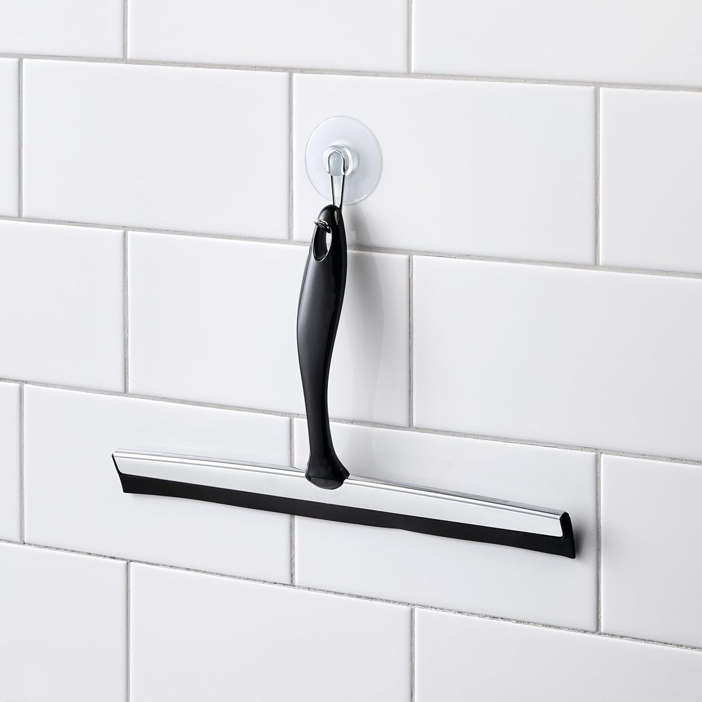 iDesign Zia Metal and Plastic Bathroom Squeegee for Shower, Glass Doors, Floors, Mirrors, with Suction Hook Holder , 12 Inches, Clear and Stainless Steel | Wall Hook Included