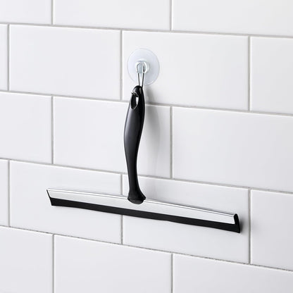 iDesign Zia Metal and Plastic Bathroom Squeegee for Shower, Glass Doors, Floors, Mirrors, with Suction Hook Holder , 12 Inches, Clear and Stainless Steel | Wall Hook Included