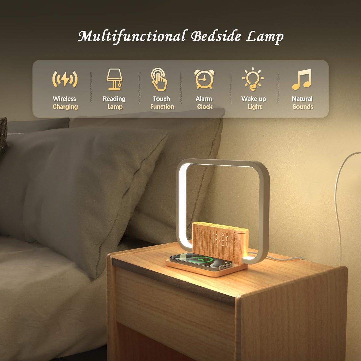 Sunrise Alarm Clock for Heavy Sleepers with Wireless Charger, Wake Up Light, Sleep Aid with 10 Nature Sounds for Bedroom, White Noise Sound Machine for Adults, 3 Way Dimmable Touch Table Lamp