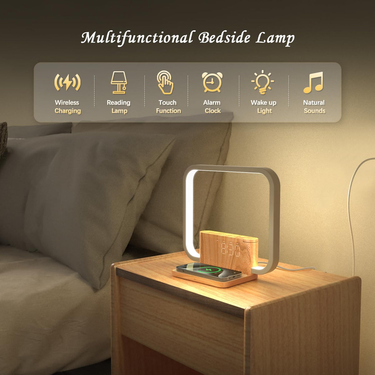 Sunrise Alarm Clock for Heavy Sleepers with Wireless Charger, Wake Up Light, Sleep Aid with 10 Nature Sounds for Bedroom, White Noise Sound Machine for Adults, 3 Way Dimmable Touch Table Lamp