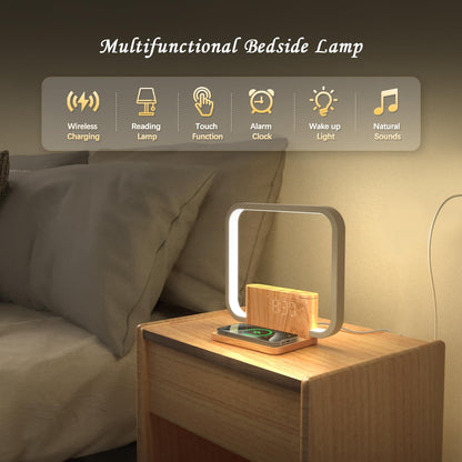 Sunrise Alarm Clock for Heavy Sleepers with Wireless Charger, Wake Up Light, Sleep Aid with 10 Nature Sounds for Bedroom, White Noise Sound Machine for Adults, 3 Way Dimmable Touch Table Lamp