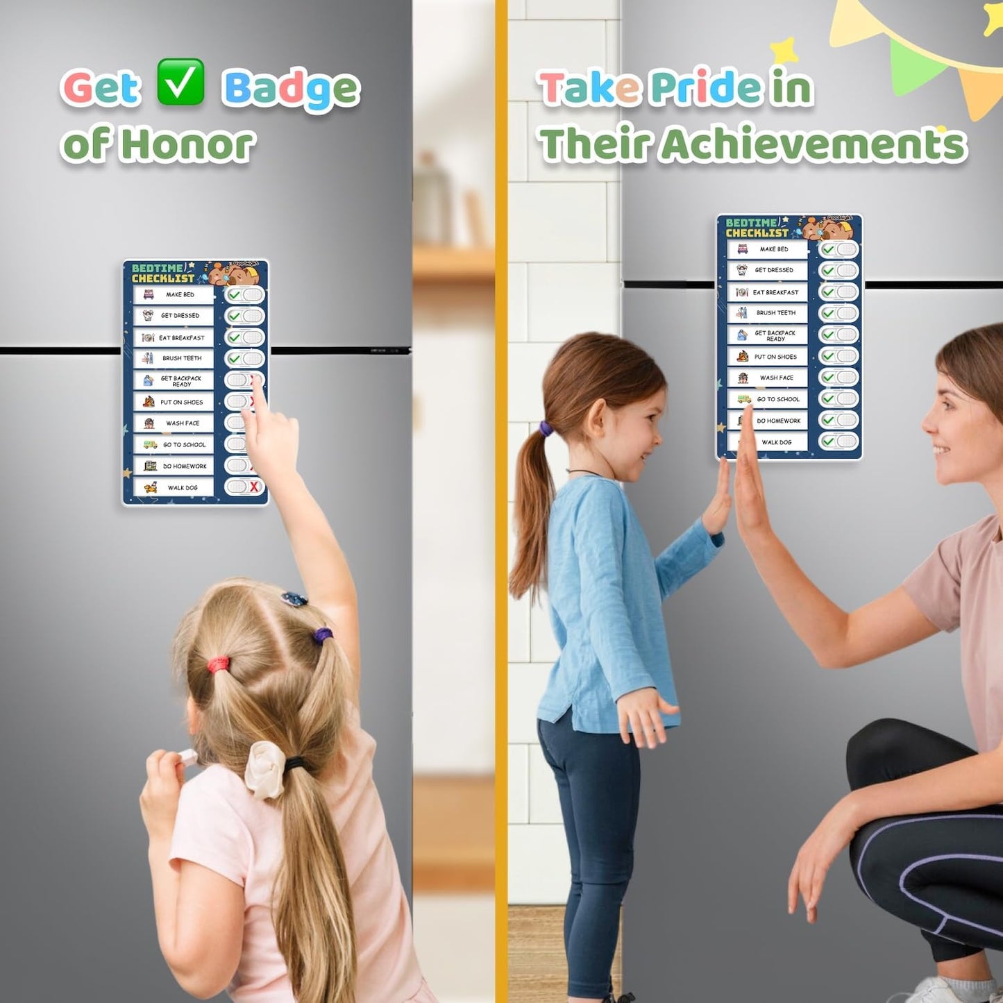 2 in 1 Upgraded Slider Morning/Bedtime Routine Chart for Kids Toddlers - Magnetic Kids Chore Chart for 2 Kids, Dry Erase Chore Chart for Kids, Visual Schedule for Kids with Cute Chore Stickers