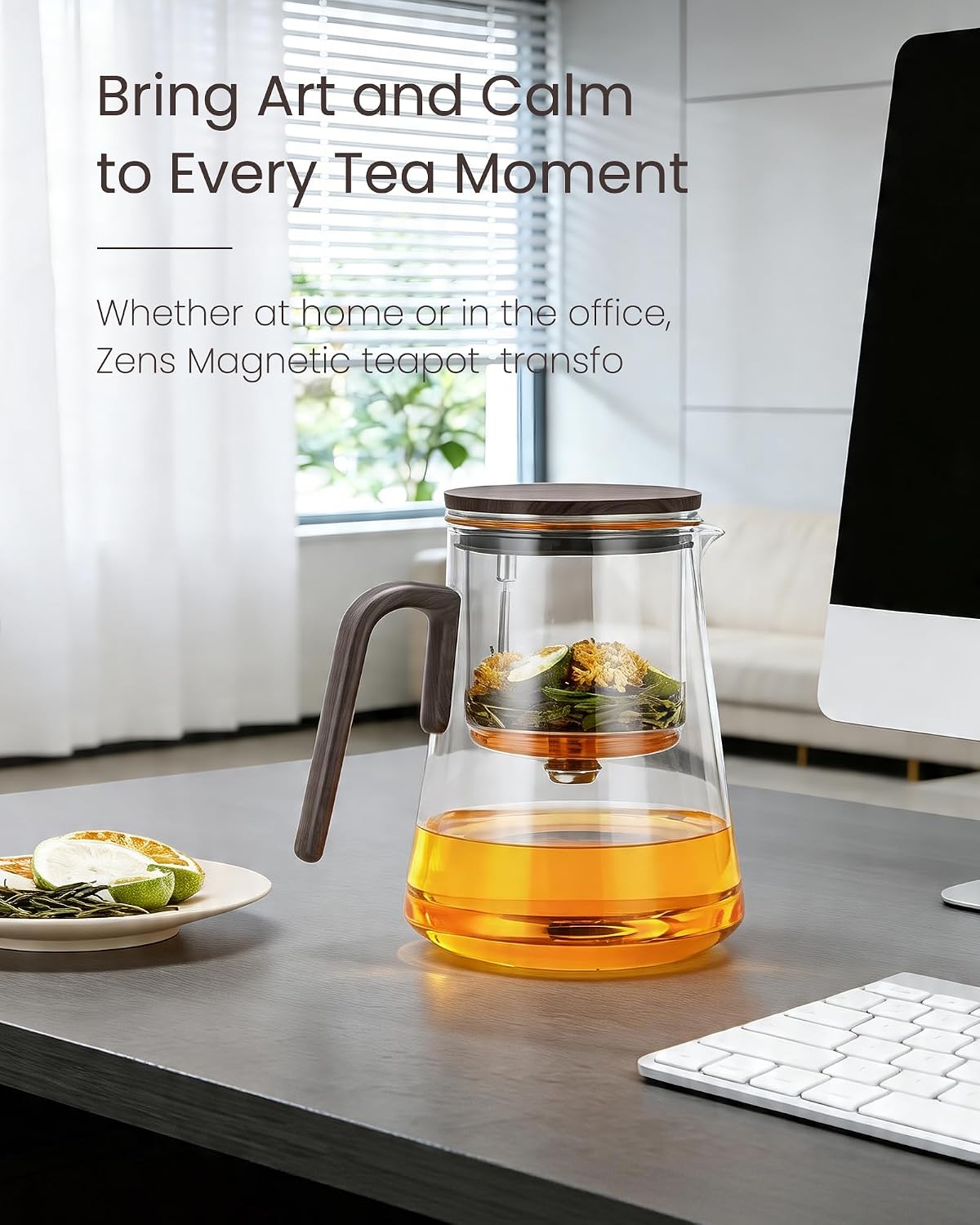 ZENS Magnetic Glass Infuser Teapot for Loose Tea, 27oz Walnut Wood Handle | Magic Teapot with Infuser, Echanted Tea Maker, Mess-Free Loose Leaf Tea Diffusers for Tea lover Gifts