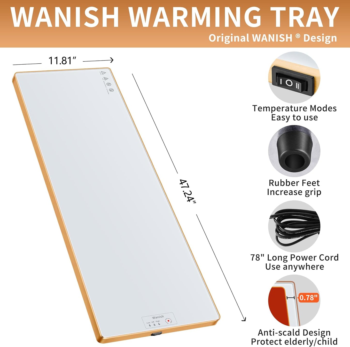 Electric Warming Tray,Extralong 47"x12",Tempered Glass Warming Mat for Food | Keep Food Warm,Food Warmers For Parties Buffet Daily Gatherings,Temperature Adjustable,With Thermostat,Full Surface Heating