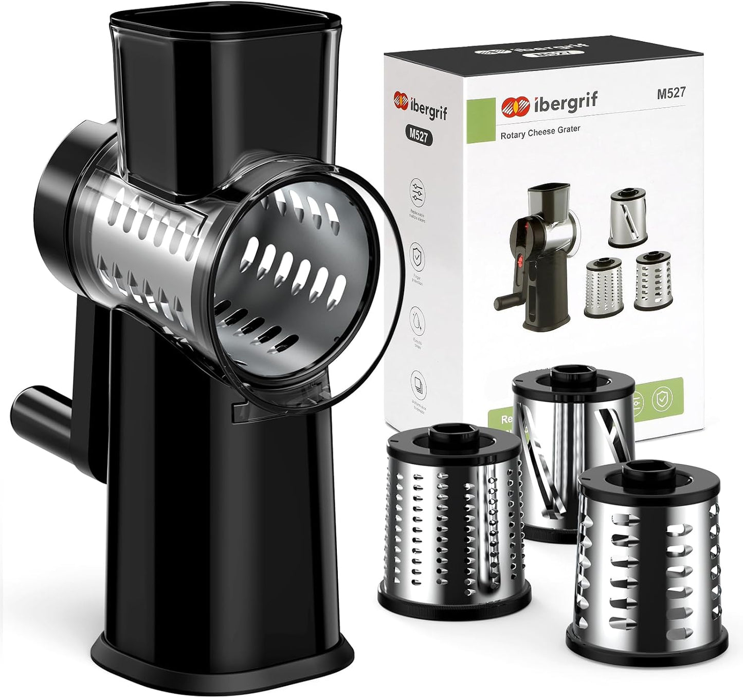Ibergrif Rotary Cheese Grater Hand Crank– Manual Vegetable Slicer Mandoline with Foldable Handle, Rotary Grader with 3 Interchangeable Blades, Manual Cheese Shredder with Suction Base | 430 Stainless Steel Suction Base Finger Guard BPA Free for Cheese