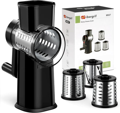 Ibergrif Rotary Cheese Grater Hand Crank– Manual Vegetable Slicer Mandoline with Foldable Handle, Rotary Grader with 3 Interchangeable Blades, Manual Cheese Shredder with Suction Base | 430 Stainless Steel Suction Base Finger Guard BPA Free for Cheese
