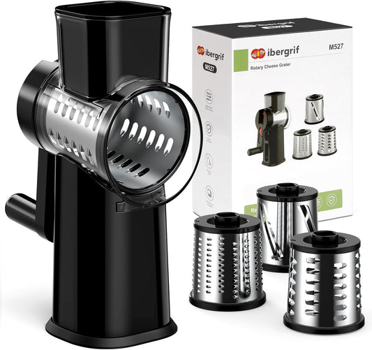Ibergrif Rotary Cheese Grater Hand Crank– Manual Vegetable Slicer Mandoline with Foldable Handle, Rotary Grader with 3 Interchangeable Blades, Manual Cheese Shredder with Suction Base | 430 Stainless Steel Suction Base Finger Guard BPA Free for Cheese