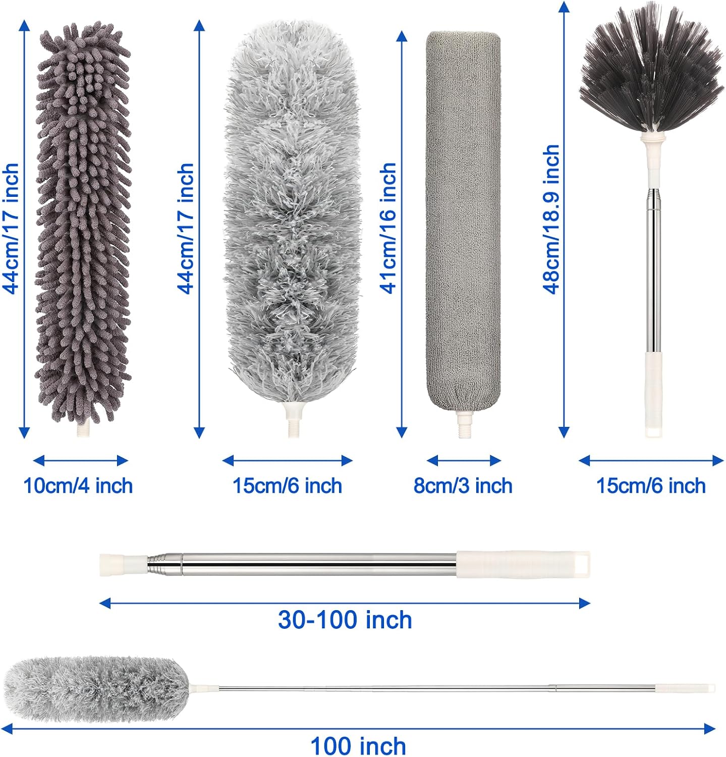 Microfiber Duster with Extension Pole(Stainless Steel) 30 to 100 Inches, Washable Dusters, Reusable Dusters, Bendable Duster for High Ceiling, Cleaning Ceiling Fan, Furniture, Blinds, Cars