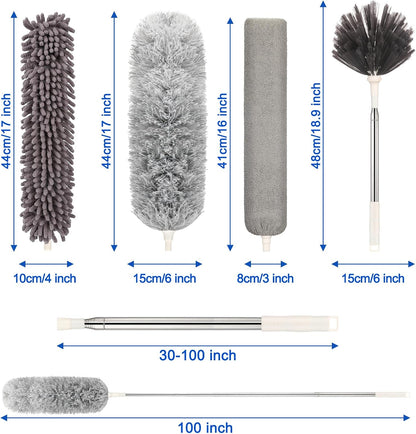 Microfiber Duster with Extension Pole(Stainless Steel) 30 to 100 Inches, Washable Dusters, Reusable Dusters, Bendable Duster for High Ceiling, Cleaning Ceiling Fan, Furniture, Blinds, Cars