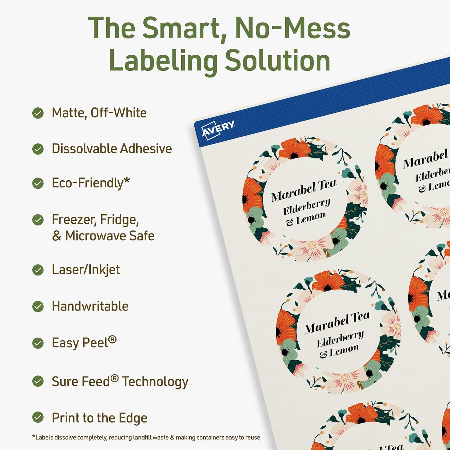 Avery Dissolvable Round Labels, Sure Feed Technology, 2" Diameter, Matte White, Print-to-The-Edge, Laser/Inkjet Printable, 60 Labels Total