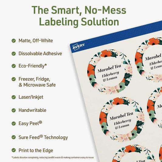 Avery Dissolvable Round Labels, Sure Feed Technology, 2" Diameter, Matte White, Print-to-The-Edge, Laser/Inkjet Printable, 60 Labels Total