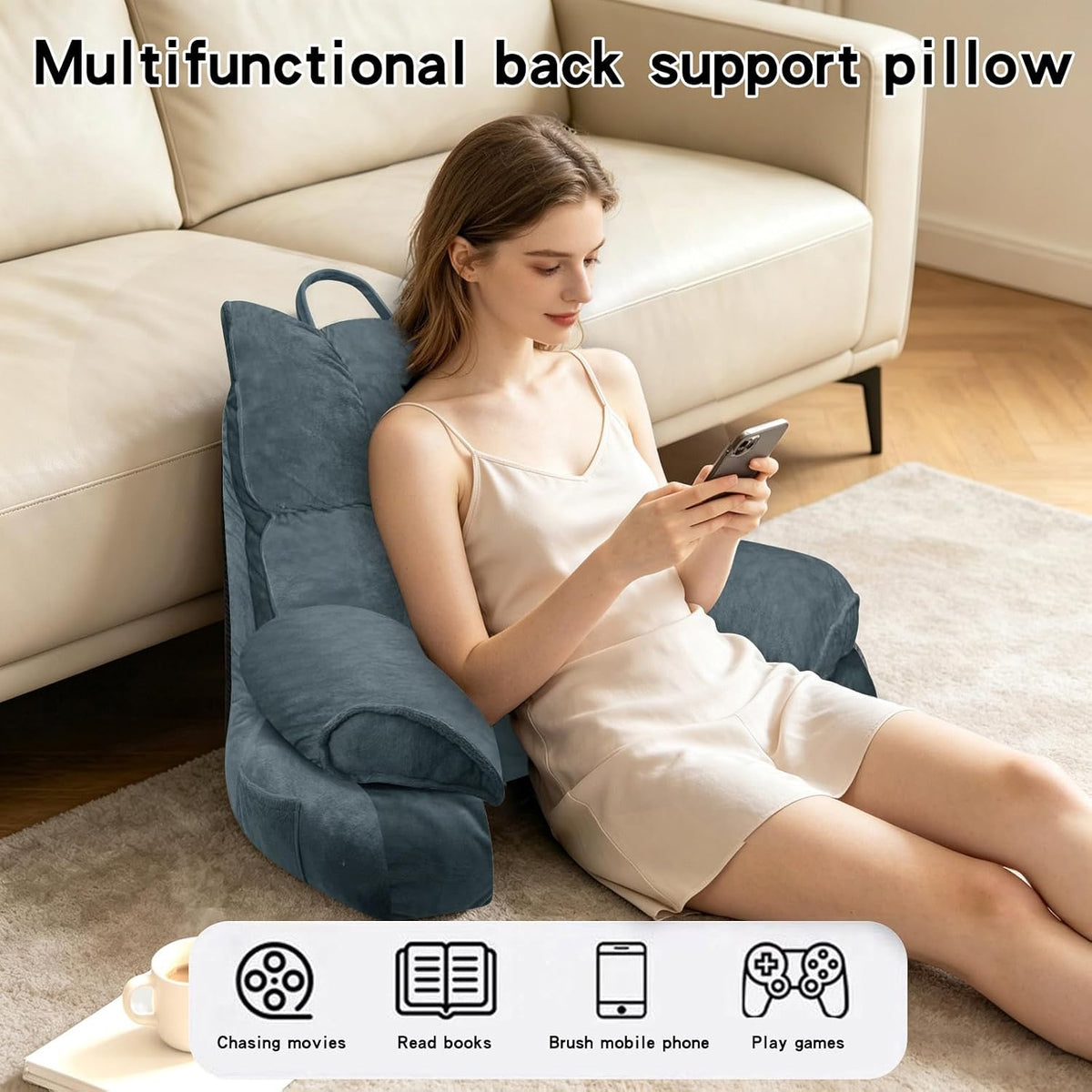Reading Pillow for Bed with Arms, Back Support, Memory Foam（Grey Black）