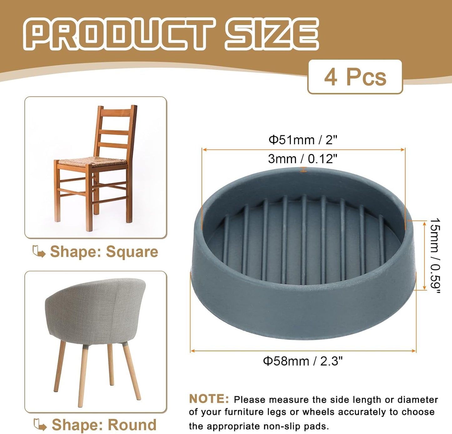 PATIKIL 4 Inch Rubber Furniture Pads, 4 Pack Non-Slip Furniture Coasters Round Anti Skid Caster Cups Furniture Feet Cup Floor Protectors for Bed Couch Stoppers, Brown