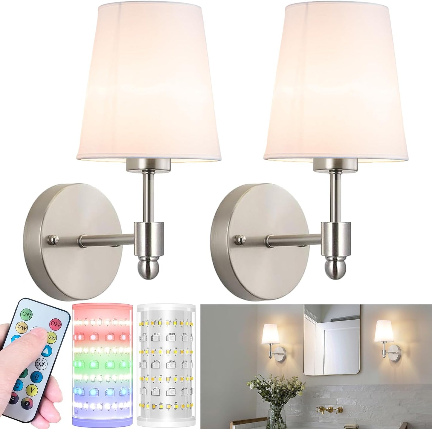 Battery Operated Wall Sconces Set Of Two, Wireless Battery Wall Light With 10000mAh RGB Rechargeable Magnetic Bulb, Rechargeable Wall Sconce With Remote Control For Bedroom, No Electrician Required