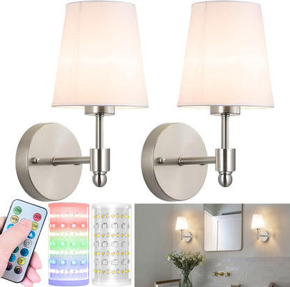 Battery Operated Wall Sconces Set Of Two, Wireless Battery Wall Light With 10000mAh RGB Rechargeable Magnetic Bulb, Rechargeable Wall Sconce With Remote Control For Bedroom, No Electrician Required