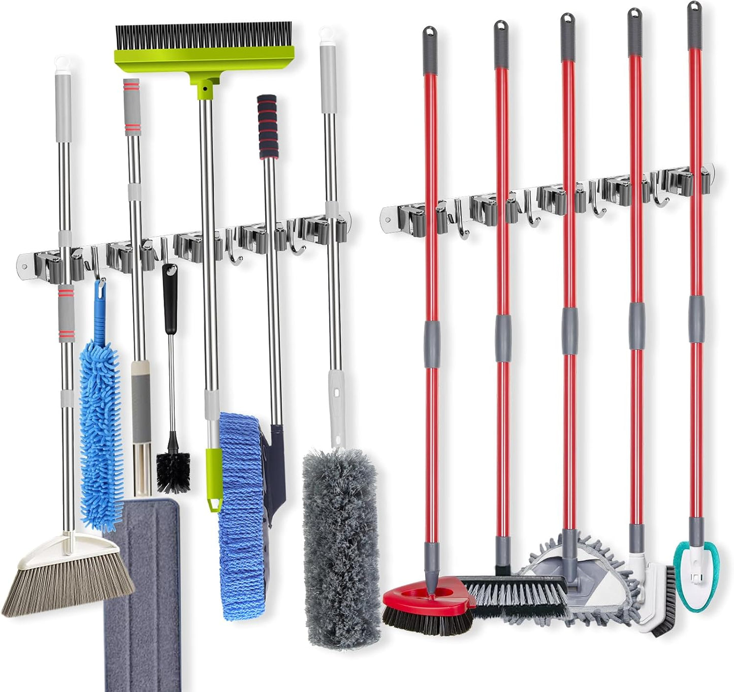 voze 5 Racks and 4 Hooks Mop and Broom Holder Wall Mount, Self Adhesive Heavy Duty Broom Hanger Organizer Storage Tool Racks for Kitchen Garden Laundry Garage