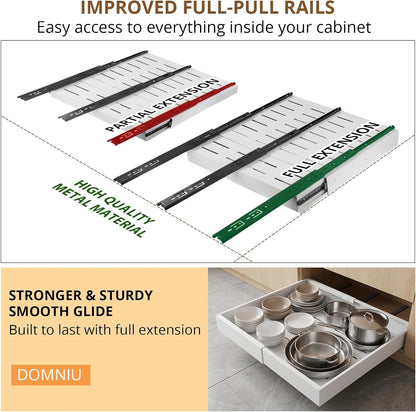DOMNIU Pull Out Cabinet Organizers Expandable,White,16.9"Depth,2 Pack | Slide Out Drawers for Kitchen, Bathroom, Pantry, Under Sink Storage, Fixed with Adhesive Nano Film (11.6''-17.5'')