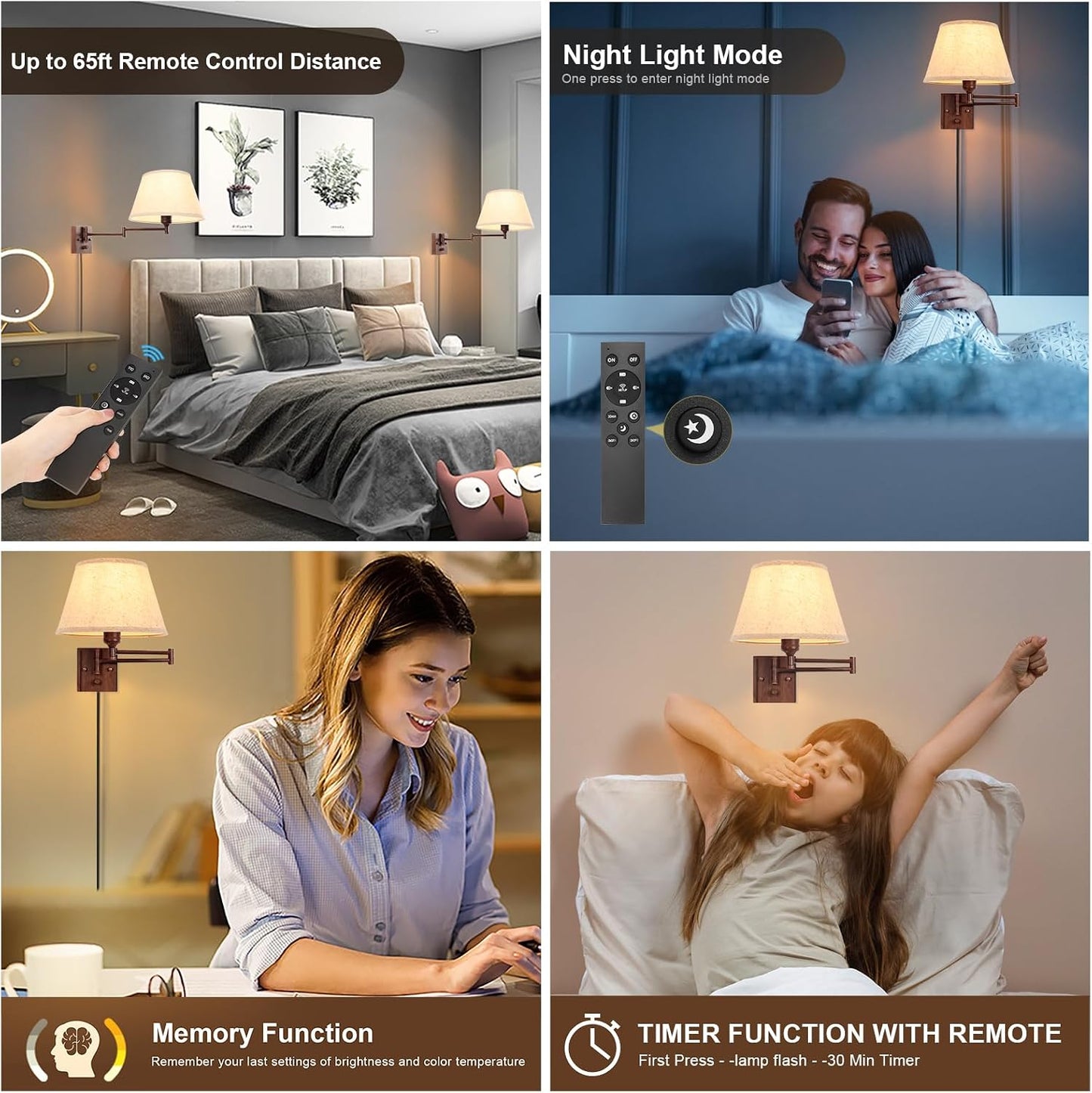 TRLIFE Wall Sconce Plug in, Dimmable Wall Sconces Set of Two Swing Arm Wall Lights with Plug in Cord and On/Off Dimmer Rotary Switch, 9.4" Medium Beige Fabric Shade(2 Pack, 2 Bulbs)