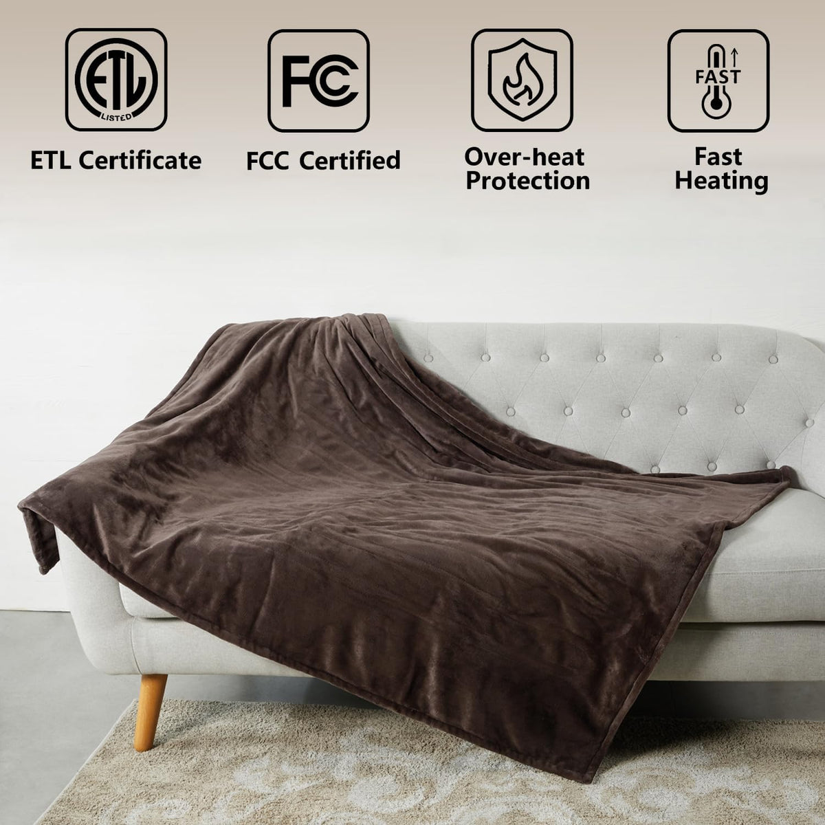 Tefici Heated Blanket Throw,Ultra Soft 2-Layer Flannel Electric Blanket