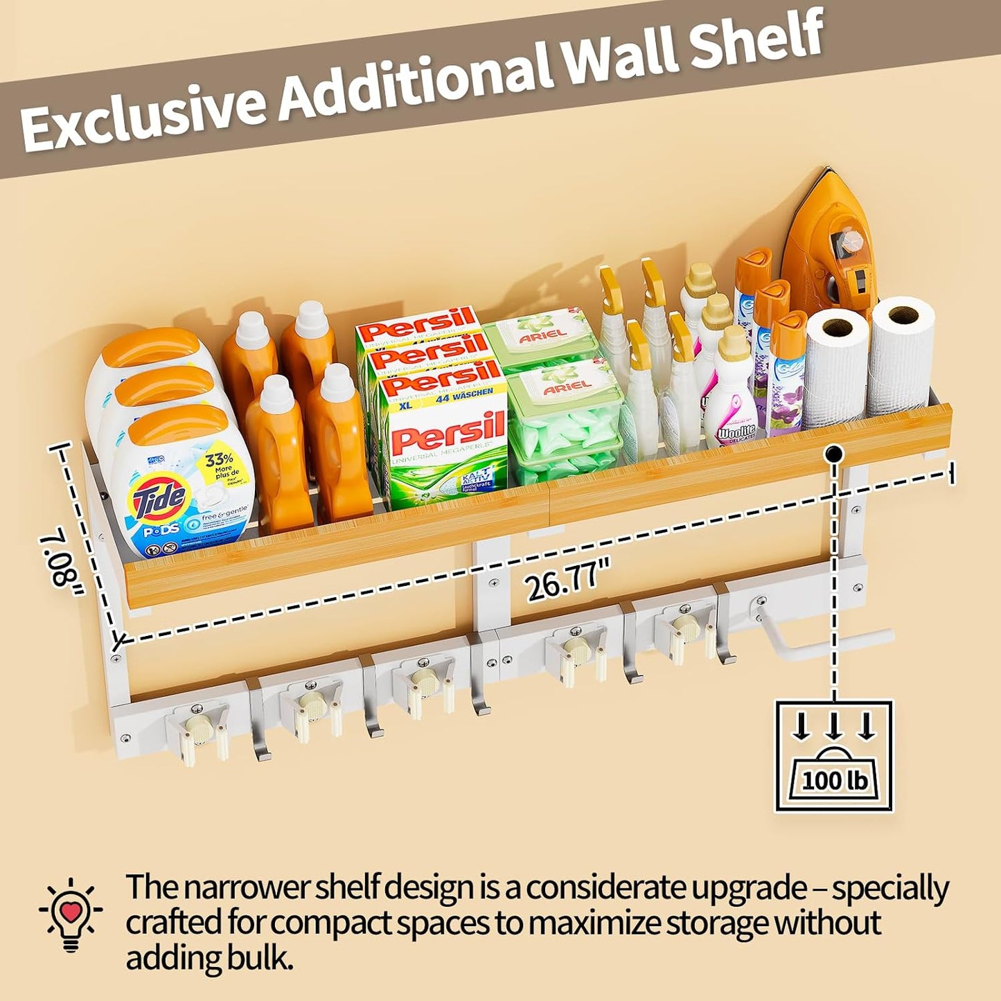 Broom and Mop Organizer Wall Hanging, Broom Hanger Holder Wall Mount | 3-in-1 Mop and Broom Holder Wall Mount with Storage Shelf & Vacuum Organizer,5 Racks,5 Hooks for Garage,Kitchen,Laundry Room