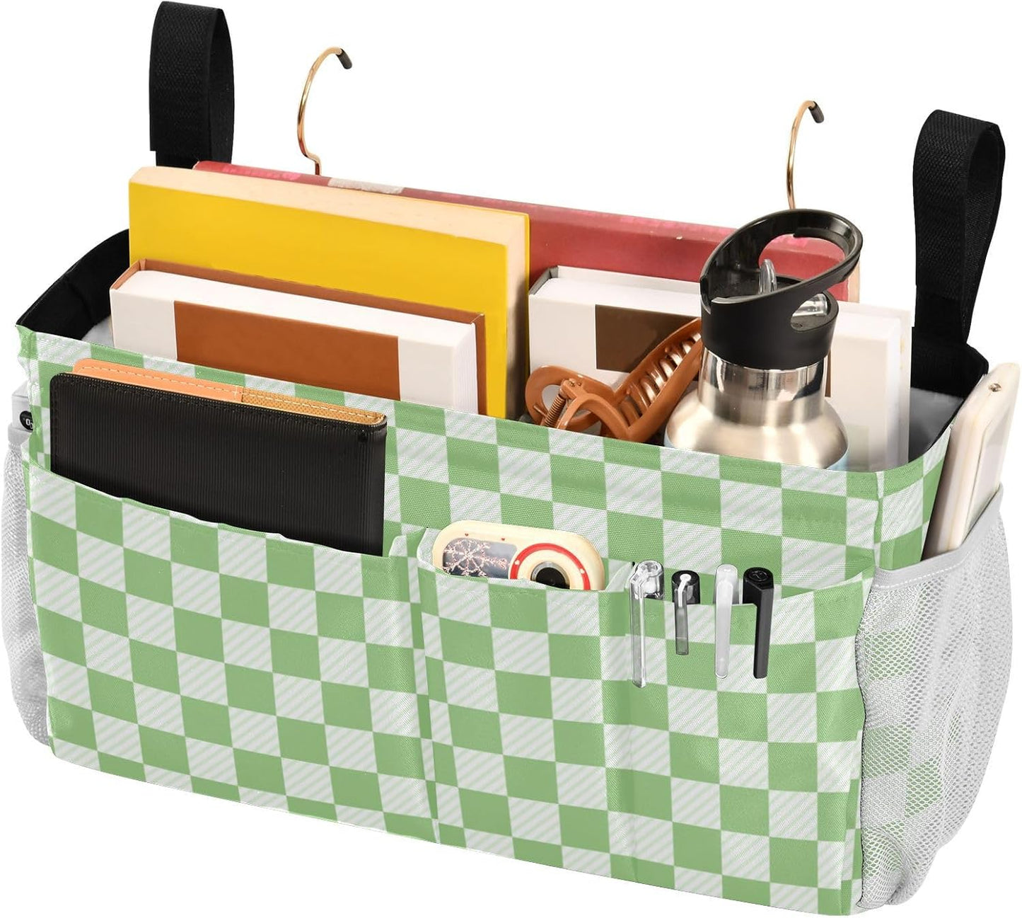 Bedside Caddy Hanging Bunk Bed Caddy Bed Organizer Hanging Pocket with 2 Hooks Bedside Storage Organizer Pocket Bag Holder Checkered Light Green
