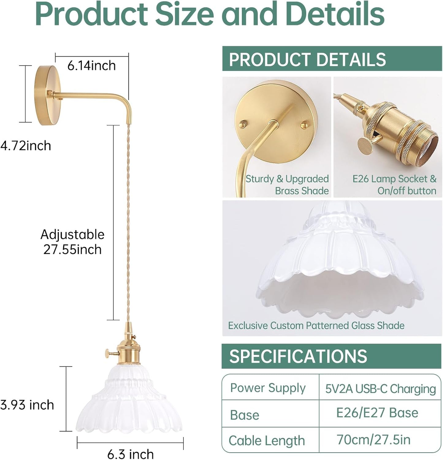 Shenmoyl Battery Operated Wall Sconce Wall Lamp with Green Lily of the Valley Shade Pattern Glass Adjustable Chain Retro Gold Wall Mounted Light, Modern Wall Lamp Fixtures Decor for Bedside Bedroom
