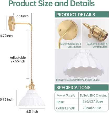 Shenmoyl Battery Operated Wall Sconce Wall Lamp with Green Lily of the Valley Shade Pattern Glass Adjustable Chain Retro Gold Wall Mounted Light, Modern Wall Lamp Fixtures Decor for Bedside Bedroom