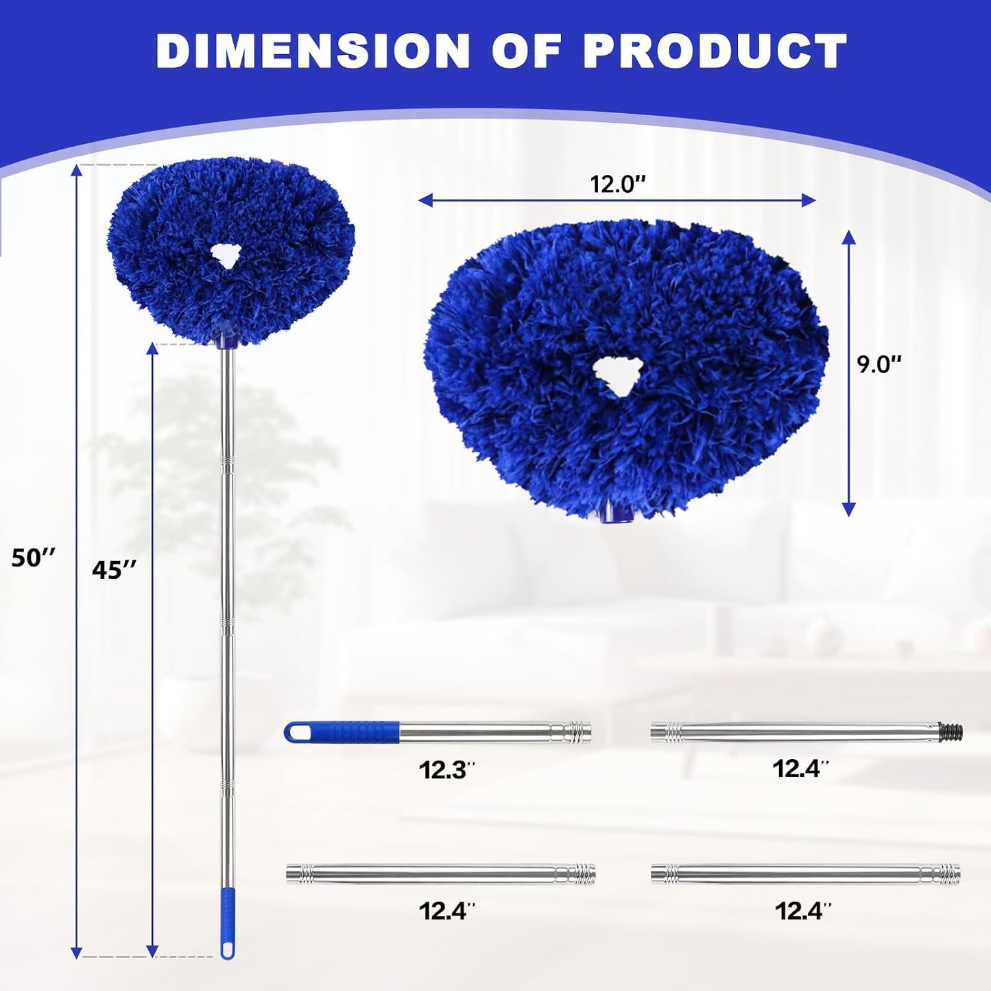 Ceiling Fan Cleaner Duster Reusable Microfiber Ceiling Fan Blade Cleaner Removable Duster with Extension Pole Adjusts 13 to 49.7 Inch for Cleaning Walls Bookshelves Furniture Door Window Top (Blue)