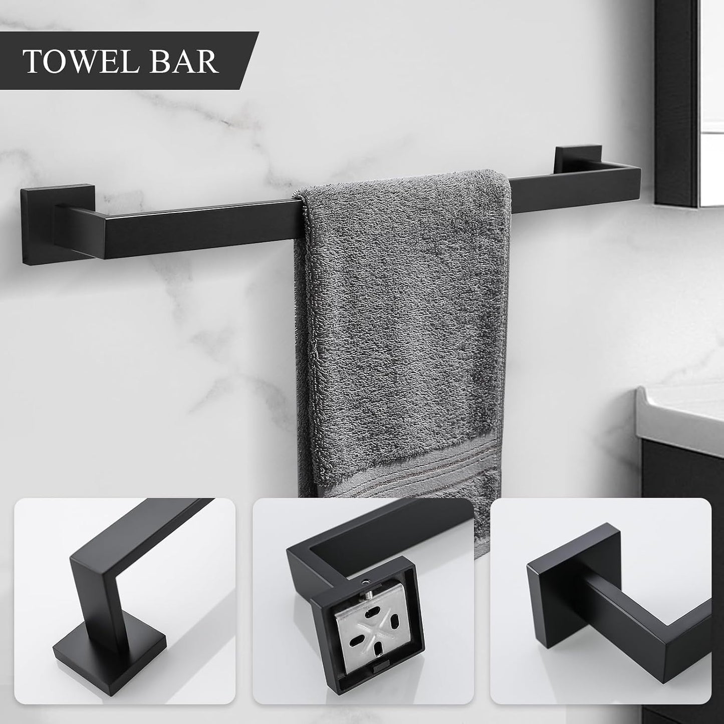 TURS Bathroom Hardware Set Black 4-Piece Towel Bar Set Include 24 Inch Towel Bar Hand Towel Holder Towel Hook Toilet Paper Holder with Shelf Wall Mounted Stainless Steel Bathroom Accessories Set
