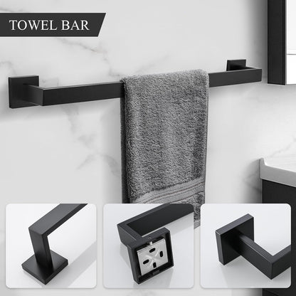 TURS Bathroom Hardware Set Black 4-Piece Towel Bar Set Include 24 Inch Towel Bar Hand Towel Holder Towel Hook Toilet Paper Holder with Shelf Wall Mounted Stainless Steel Bathroom Accessories Set