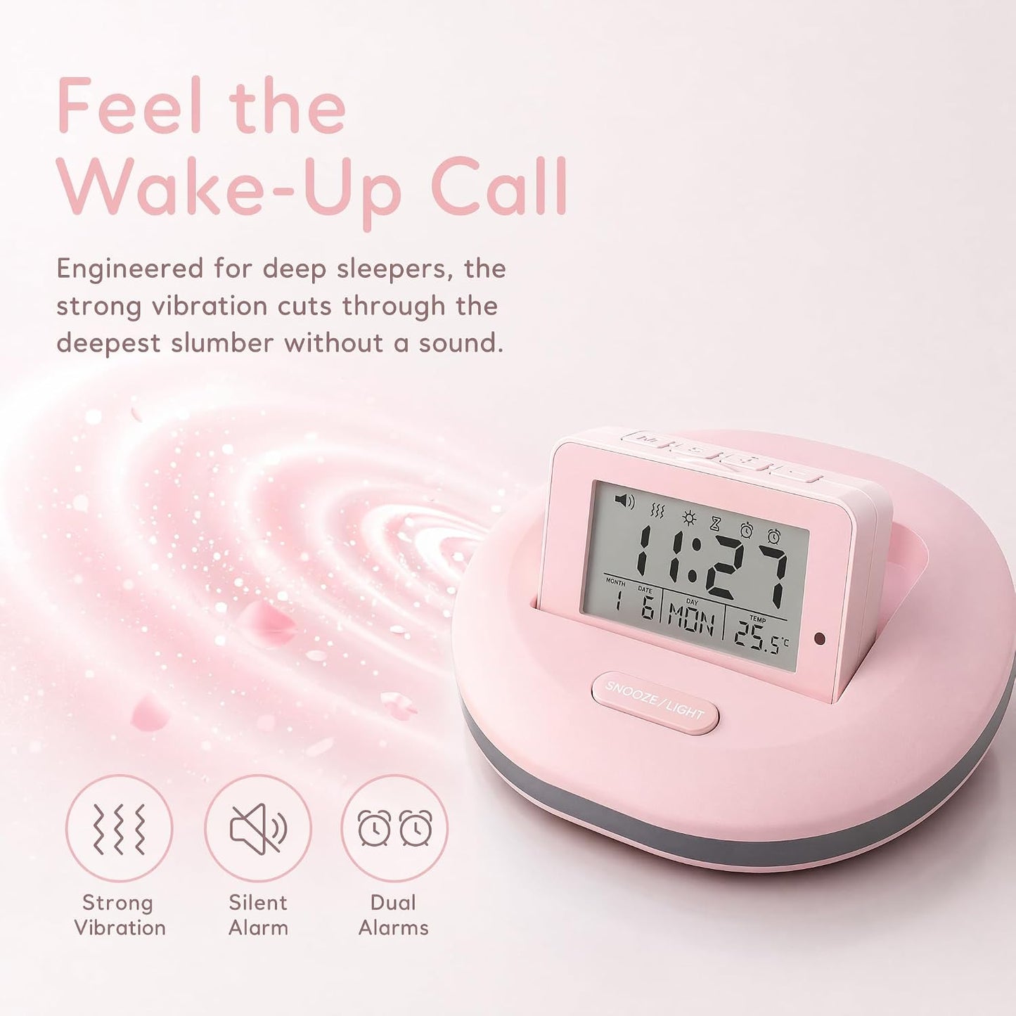 Vibration Alarm Clock for Heavy Sleepers Silent Wake Up Bed Shaker | 2 Alarms, Snooze, Backlit, Countdown Timer, for Students Dorm