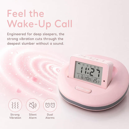 Vibration Alarm Clock for Heavy Sleepers Silent Wake Up Bed Shaker | 2 Alarms, Snooze, Backlit, Countdown Timer, for Students Dorm