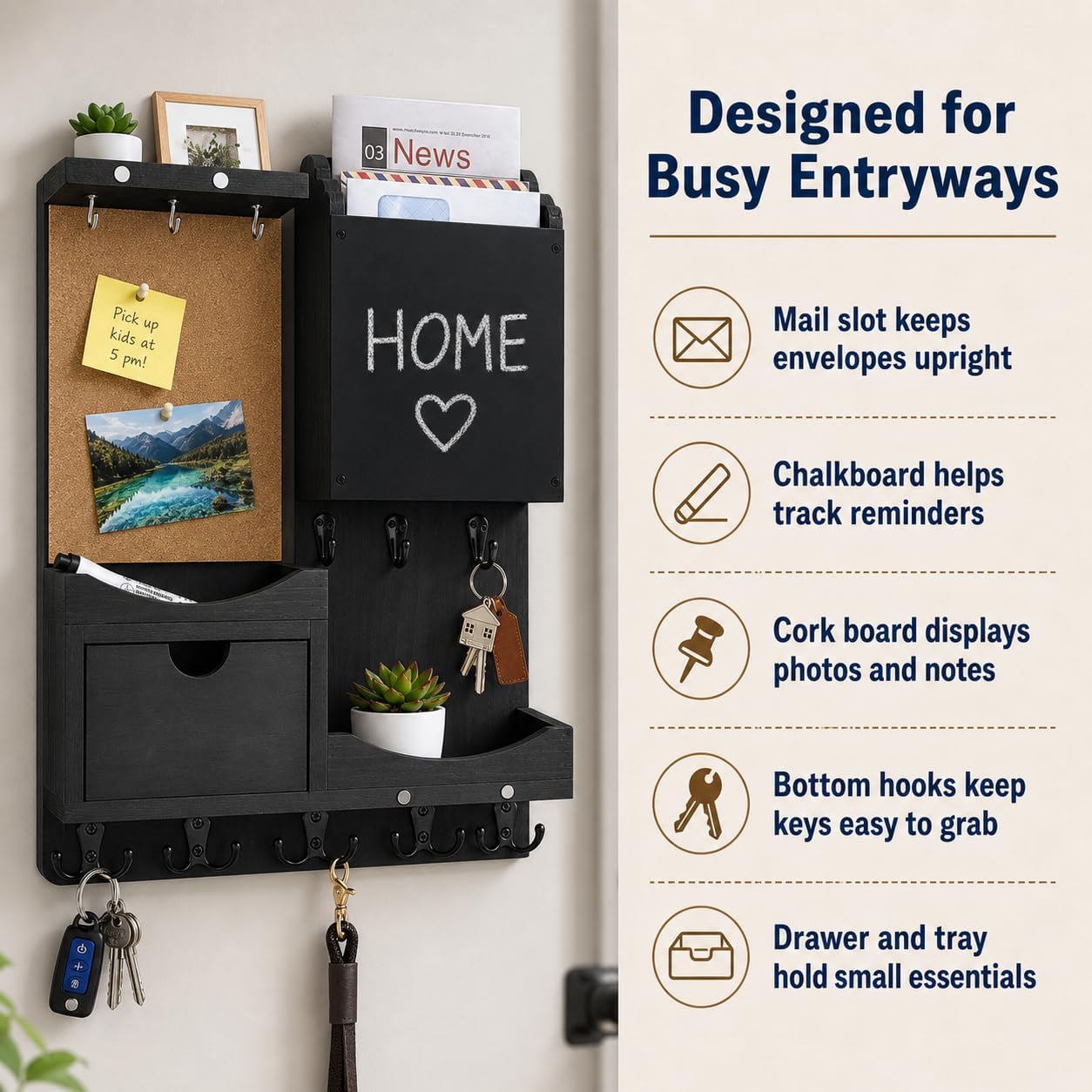 Key Holder for Wall Mount with Shelf and Mail Organizer, Key and Mail Holder with 16 Hooks, Farmhouse Entryway Organizer, Home Decor Rack (Pine Wood, White Washed)