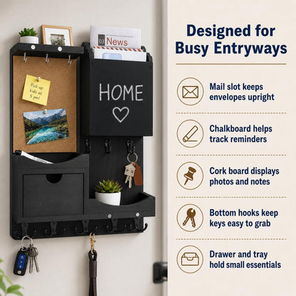 Key Holder for Wall Mount with Shelf and Mail Organizer, Key and Mail Holder with 16 Hooks, Farmhouse Entryway Organizer, Home Decor Rack (Pine Wood, White Washed)