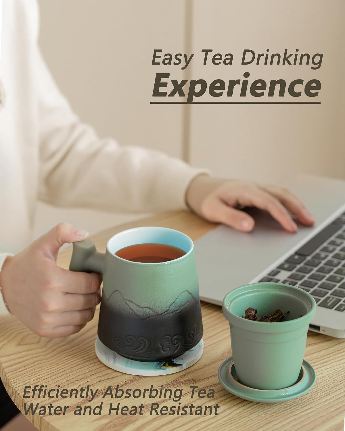 ZENS Tea Cup with Infuser and Lid & Coaster for Tea Steeper, 15oz Blue | Embossed Ceramic Tea Infuser Mug for Loose Leaf Tea Difussers, Tea Lovers Gifts, Nature Wood Handle