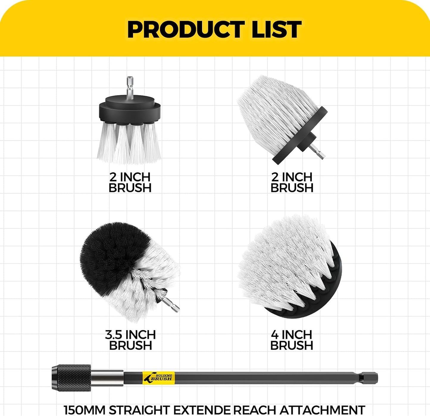 Holikme 5Pack Drill Brush Set with Extension for Car & Bath Detailing | 4 nylon scrub brushes,white,Power scrubber kit for Bathroom Surfaces, Grout, Floors, bathtubs, Tiles, Kitchen and Car