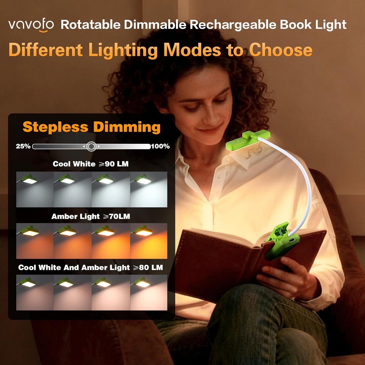 VAVOFO Rechargeable Book Light Rotatable：24 LEDs Reading Light, 3-Color & 9-Brightness Book Lamp, Eye Cared 120Hrs Runtime Lightweight Clip on Led Light for Book Lovers (Black)