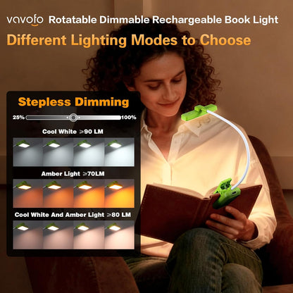 VAVOFO Rechargeable Book Light Rotatable：24 LEDs Reading Light, 3-Color & 9-Brightness Book Lamp, Eye Cared 120Hrs Runtime Lightweight Clip on Led Light for Book Lovers (Black)
