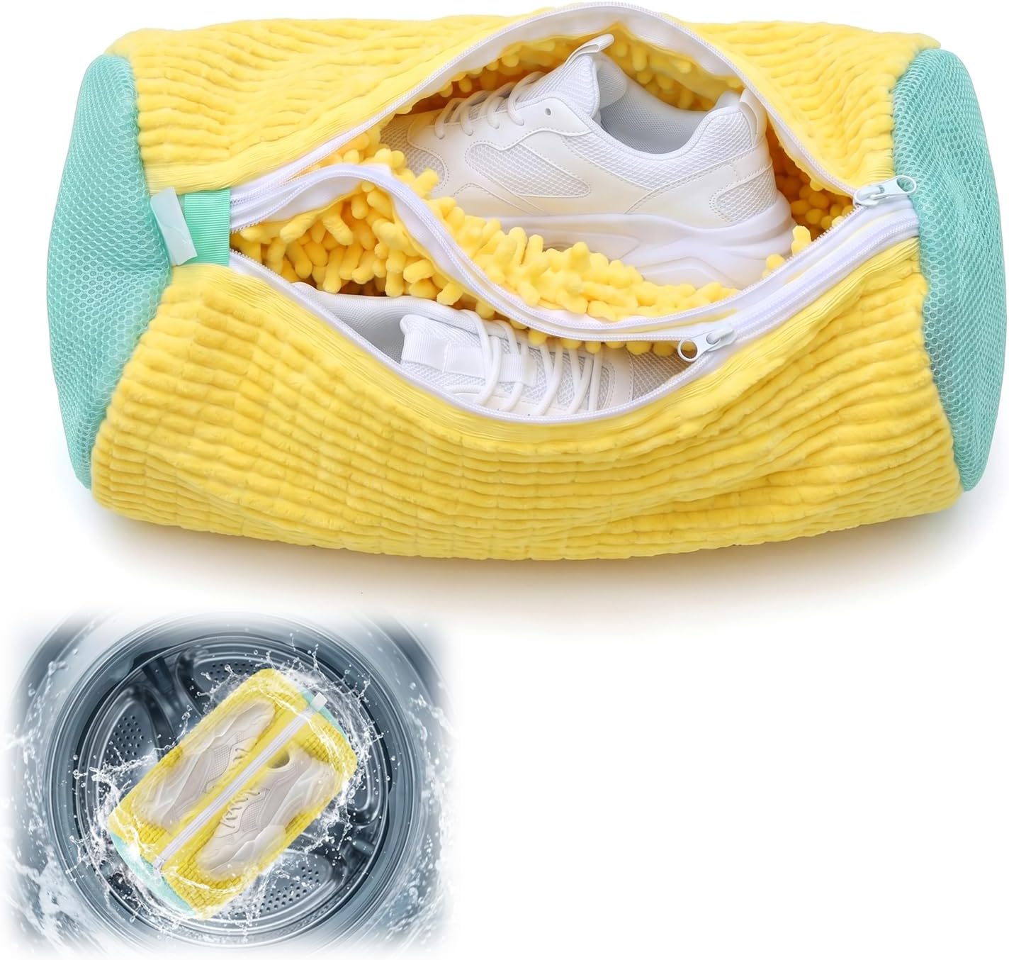 Dual Shoe Washing Machine Bag for Washer and Dryer Holds 2 Shoes (Yellow) | Reusable Laundry Shoe Bag with Microfiber Brushes, 360° Deep Cleaning, Self-Locking Zipper,Sneaker Tennis Shoe Cleaning Bag