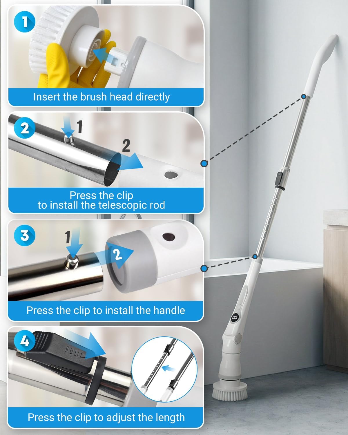 Electric Spin Scrubber, Cordless Shower Scrubber with 8 Replaceable Brush Heads, Adjustable Long Handle Bathroom Scrubber, 3 Speeds LED Display, IPX7 Waterproof Cleaning Brush for Bathtub Tile Floor