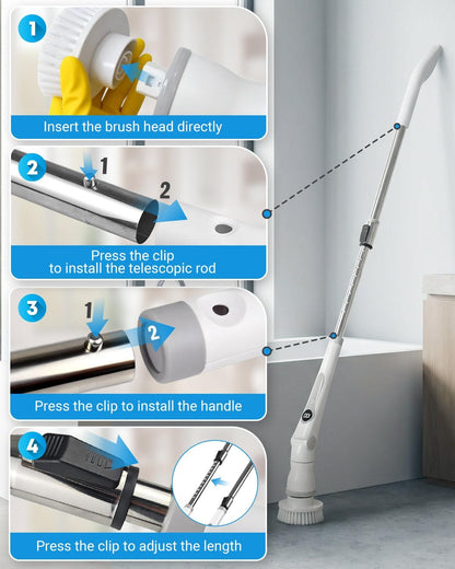 Electric Spin Scrubber, Cordless Shower Scrubber with 8 Replaceable Brush Heads, Adjustable Long Handle Bathroom Scrubber, 3 Speeds LED Display, IPX7 Waterproof Cleaning Brush for Bathtub Tile Floor