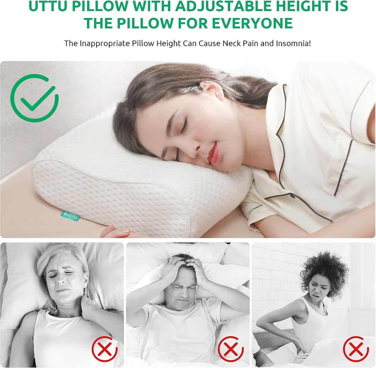 UTTU Cervical Pillow for Neck Pain Relief, Memory Foam Neck Pillow for Sleeping, Adjustable Orthopedic Sandwich Pillow, Contour Cooling for Side Back Stomach Sleeper, Queen(23.6"×13.8"×5.2"/4.5")