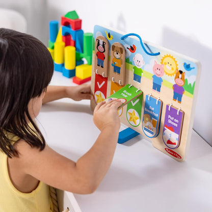 Melissa & Doug My Daily Routines Chart, Wooden Daytime and Nighttime Habit Tracker with Multi-Lingual Stickers, Hands-On, Screen-Free Preschool Toys for Girls & Boys Ages 3+ - FSC Certified