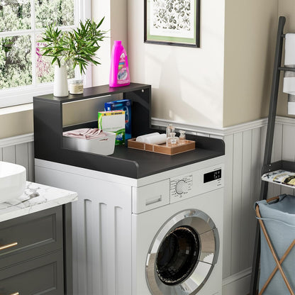 Washer Dryer Countertop with Shelf, 27.5" D x 27.5" W x 12.6" H, Sturdy Wood Frame, Countertop for Washer and Dryer, Non-Slip Pads & Edge Rails, Laundry Room Storage(Black)