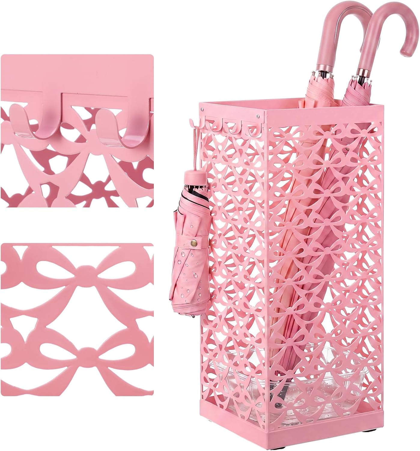 Hicarer Pink Bow Umbrella Holder for Entryway Umbrella Stand with Removable Drip Tray & 4 Hooks Cute Coquette Square Freestanding Walking Sticks Storage Bin for Home Hallway, 16 x 6.3 x 6.3 Inch