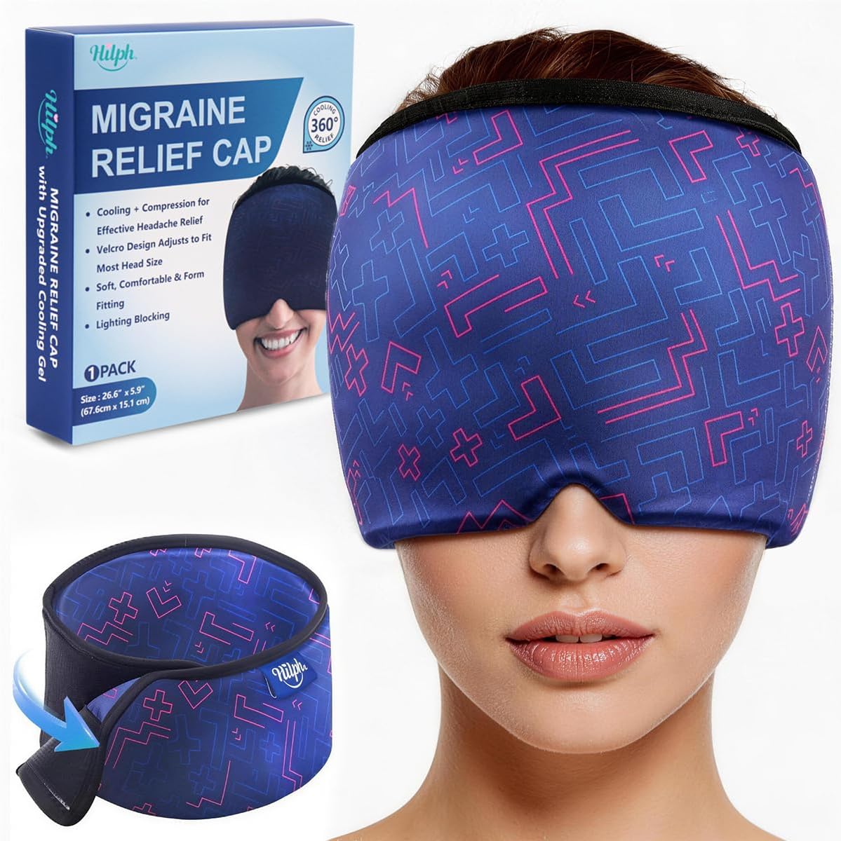 Hilph Adjustable Migraine Relief Cap, Headache Hat with Thickened Gel | Reusable, Flexible Gel, 360° Cold Compression Therapy Wrap for Tension, Stress, Sinus & Hangover Relief, Gift for Women Men