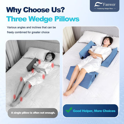 Fanwer Positioning Wedge Pillow for Side Sleeping (3 in 1), 40 Degree Triangle Bed Wedges & Body Positioners for Back Pain, Preventing Bedsores, After Surgery, Knees Elevated, Pregnancy